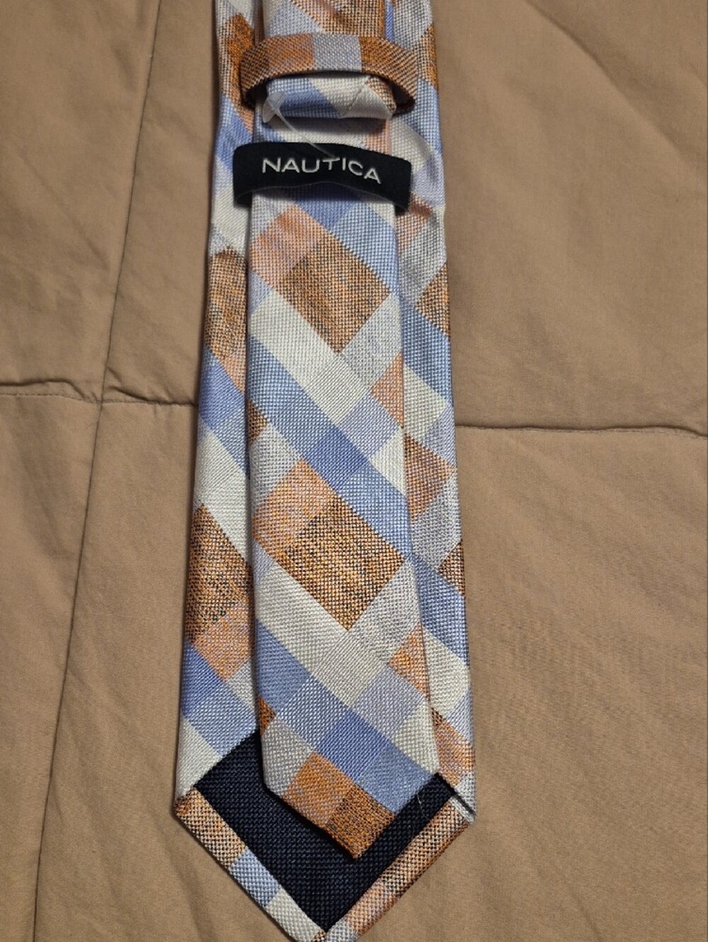 Nautica Blue, Peach & White Plaid Men's Tie - Picture 5 of 6